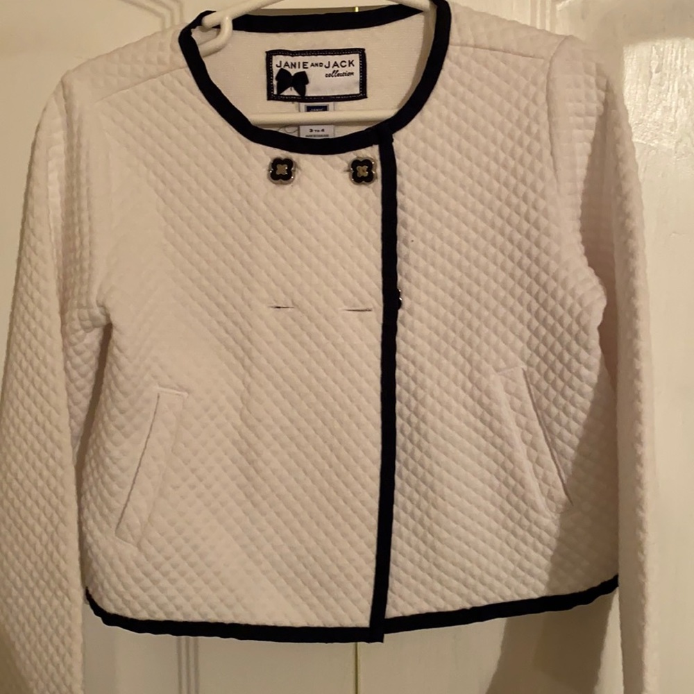 Girls Janie and jacket blazer , size 3/4 white with navy. Lie trim.